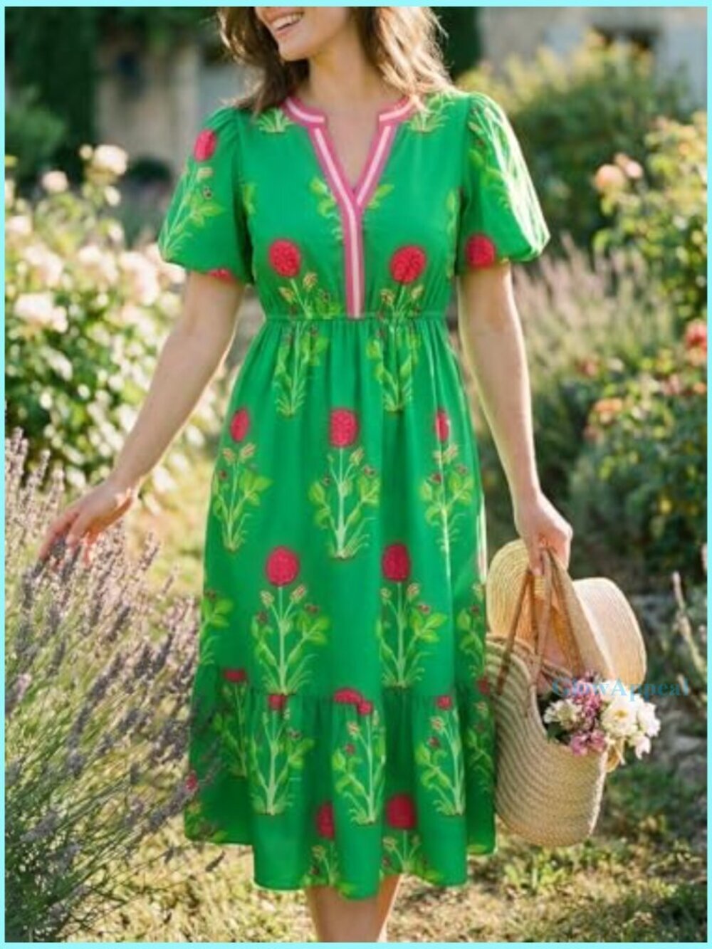 Summer Maxi Dress Floral Print A-Line Puff Sleeve V-Neck Boho Beach - Picture 6 of 7